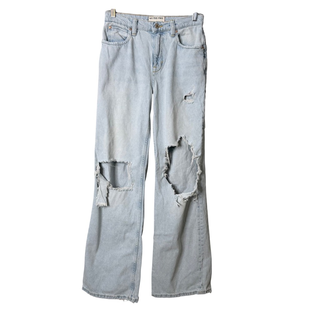We The Free High Rise Wide Leg Jeans Womens 26 Blue Light Wash‎ Distressed Baggy